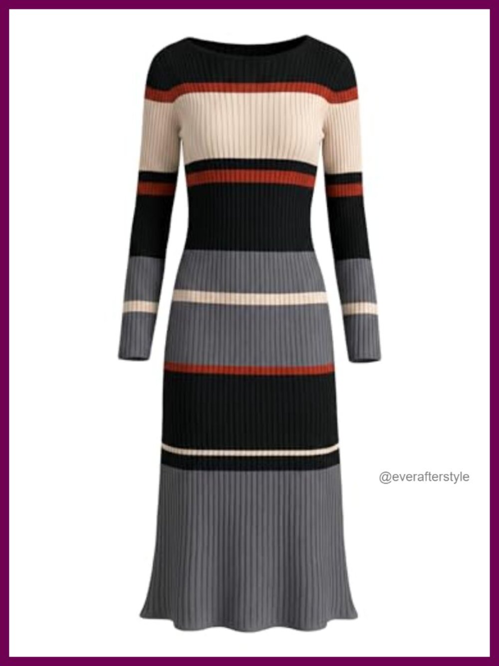 Women Striped Ribbed Knit Long Sleeve Bodycon Midi Sweater Dress